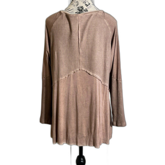 POL Mineral Wash Women Mauve Rib Textured Long Sleeve V Neck Top Soft Large - Picture 2 of 8